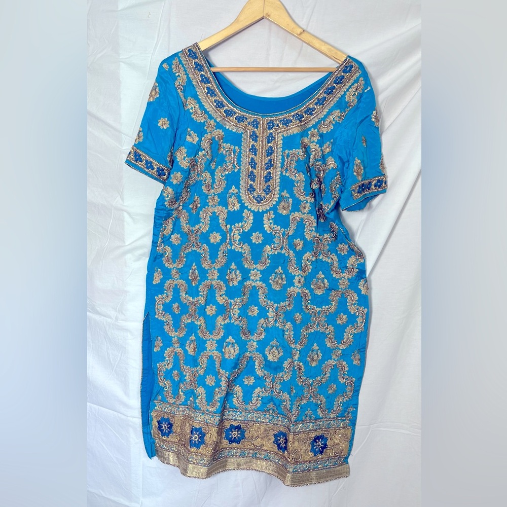 Embroidered Indian salwar suit in blue shades